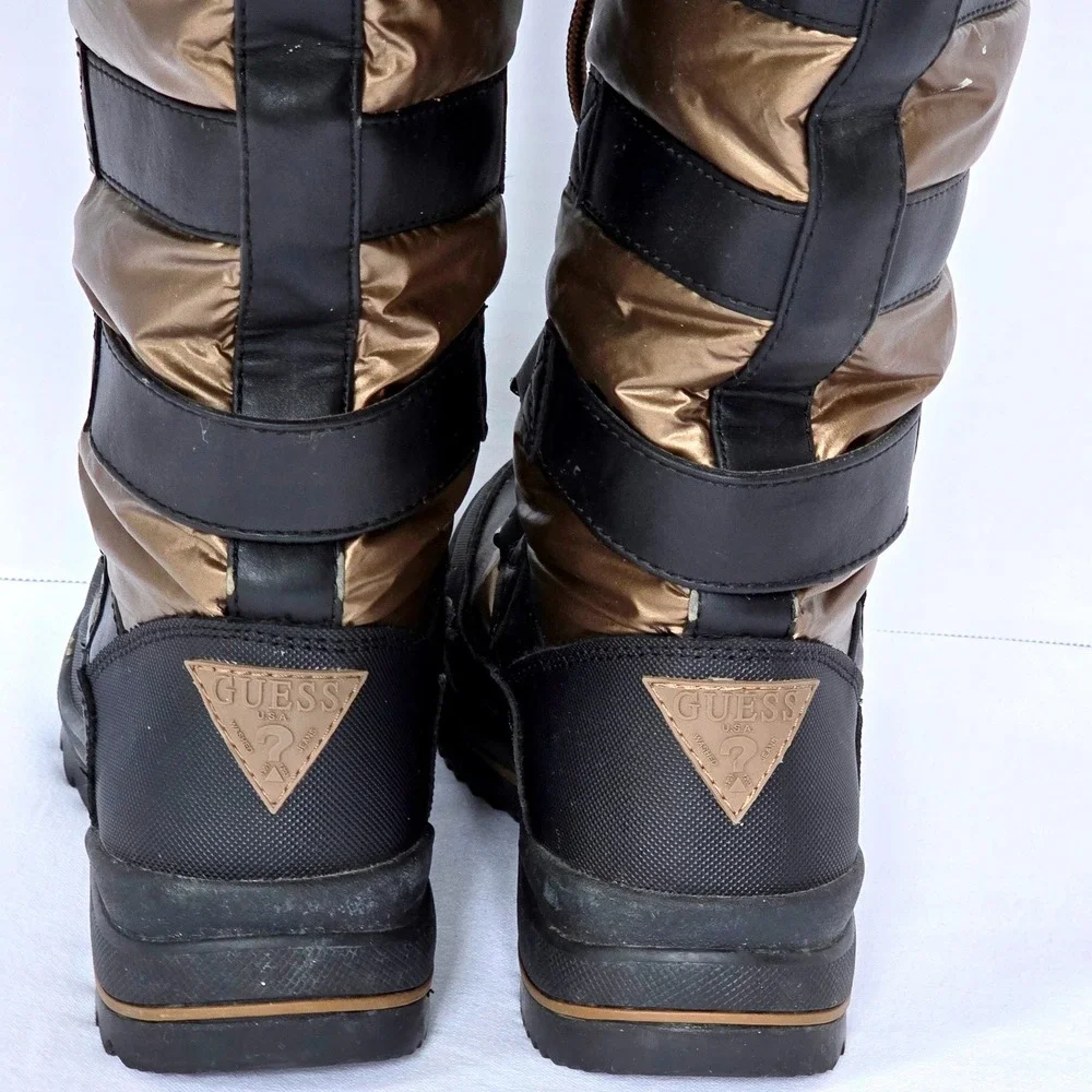 GUESS Hadly Womens Size 7M Tall Winter Boots Bronze Black Faux Fur Lace Up